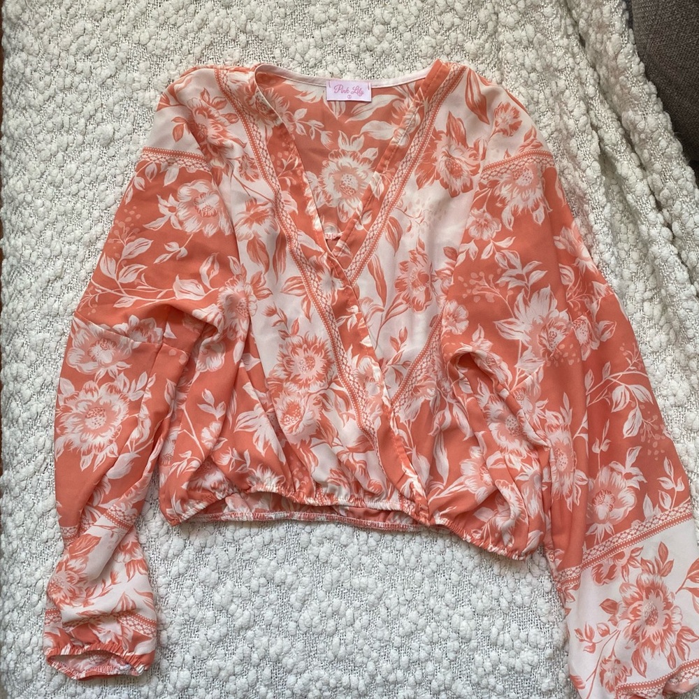 Coral and White Floral Sheer Top